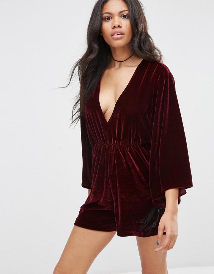 Motel Halfmoon Romper In Velvet With Tassles - Red