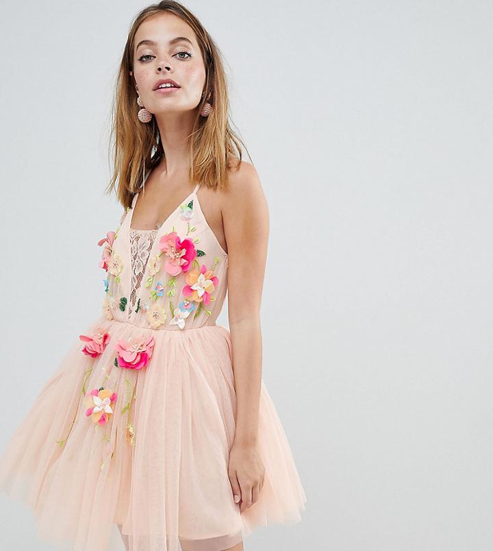 Asos Design Petite Exclusive Tulle 3d Embellished Flower Mini Dress - Pink