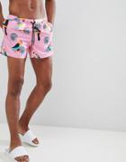 Asos Design Swim Shorts With Toucan Print In Short Length - Orange