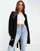 Topshop Knitted Balloon Sleeve Belted Wrap Cardigan In Black
