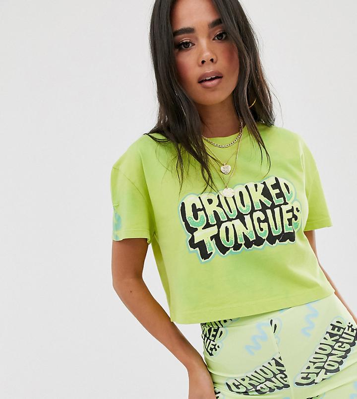 Crooked Tongues Cropped T-shirt With Front Print In Washed Fluro-yellow