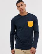 Asos Design Long Sleeve T-shirt With Contrast Pocket In Navy