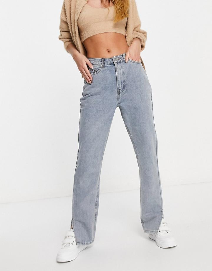 Missguided Straight Jeans With Side Slit In Light Wash Blue-blues
