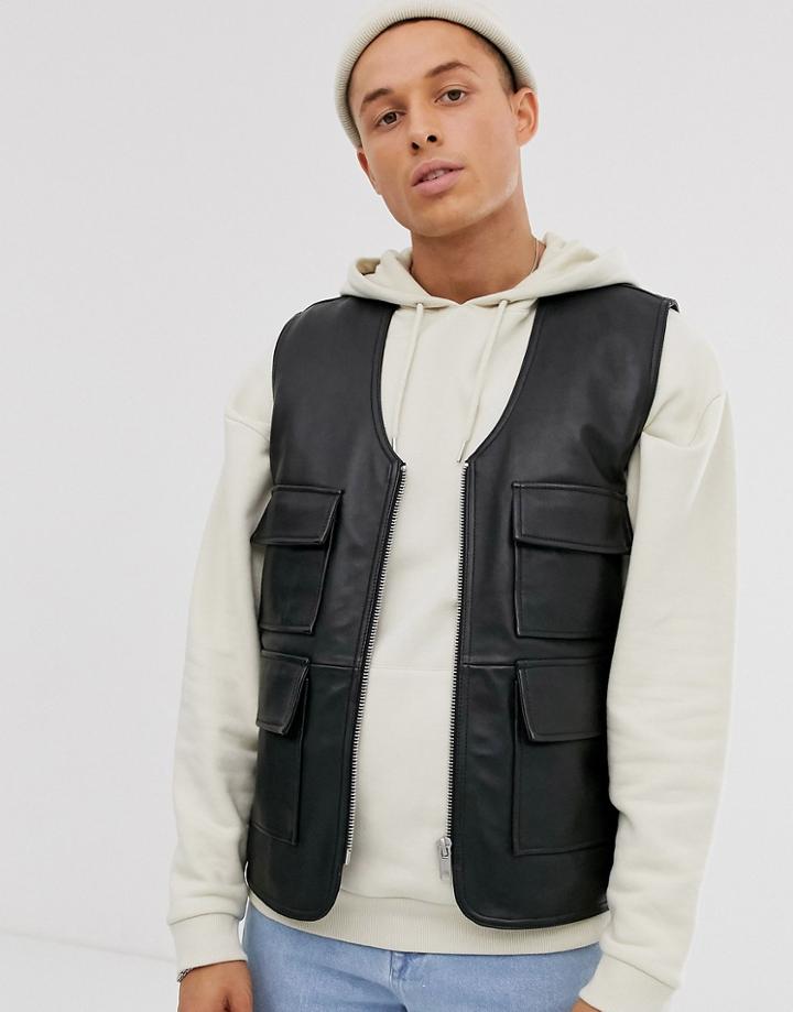 Asos Design Leather Vest In Black