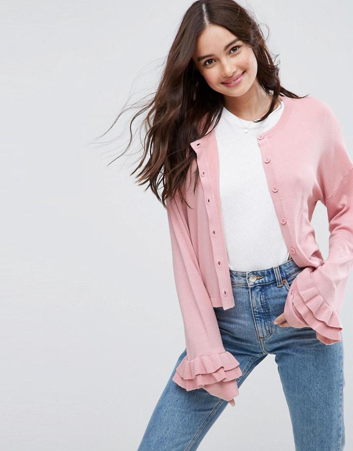 Asos Cardigan With Ruffle Sleeves - Pink
