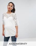 Asos Maternity Occasion Top In Scuba With Pretty Lace Sleeves - White