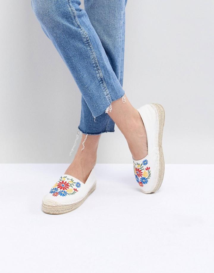South Beach White Espadrilles With Floral Embroidery - White