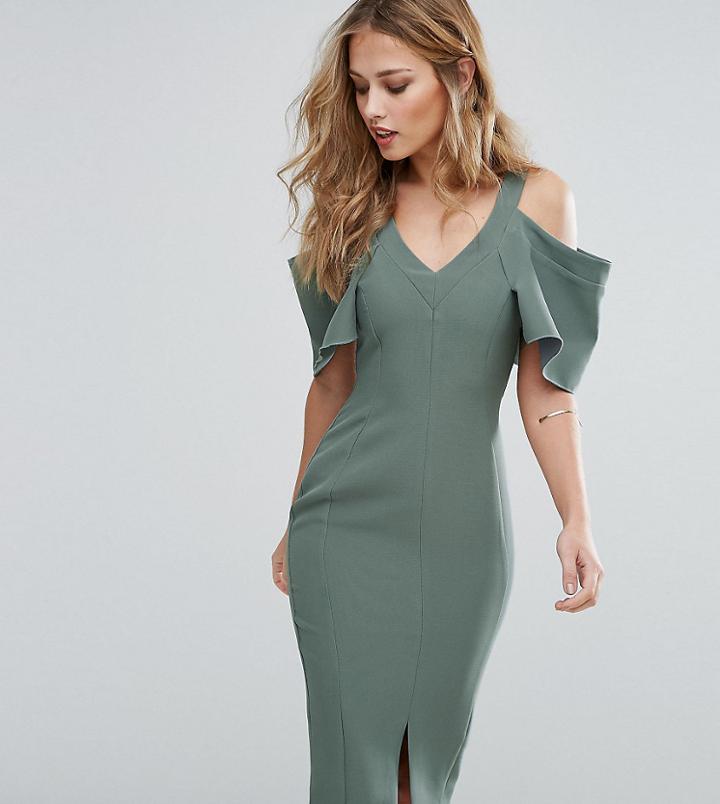 Vesper Cold Shoulder Midi Pencil Dress With Frill Sleeve
