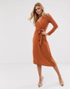 Asos Design Midi Tie Waist Shirt Dress - Orange