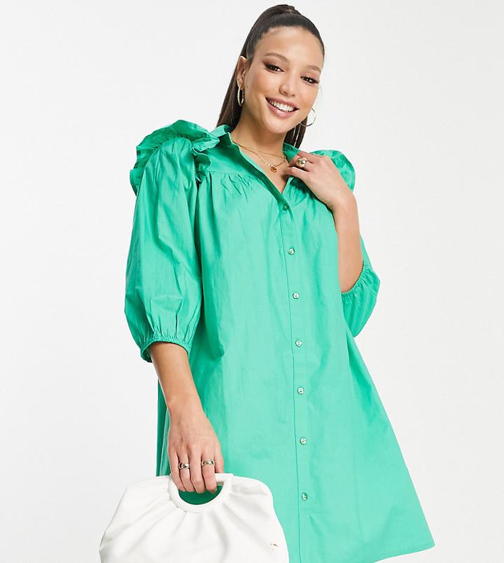 Influence Tall Frill Sleeve Mini Shirt Dress In Green