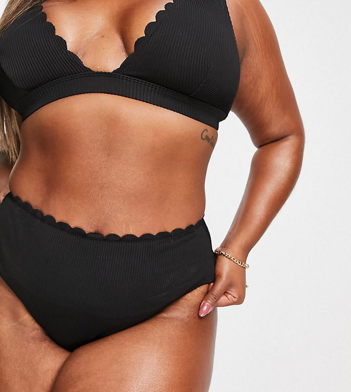 South Beach Curve Exclusive Mix And Match Scallop High Waist Bikini Bottom In Black