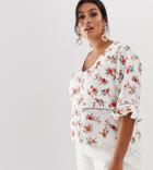 Fashion Union Plus Button Front Top With Ladder Detail In Ditsy Floral - White