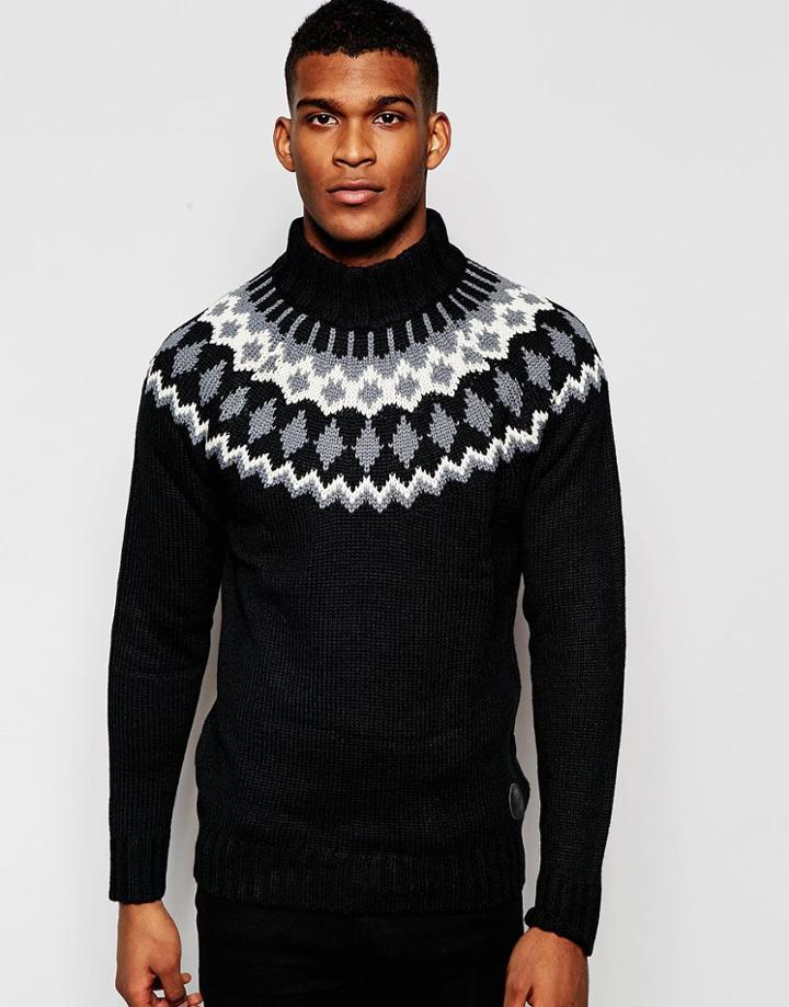 Blend Funnel Sweater Nordic Pattern Neck - Black