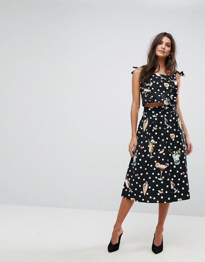 Mango Dot And Floral Midi Skirt - Black