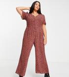 Asos Design Curve Tea Button Front Jumpsuit In Burgundy Animal-multi