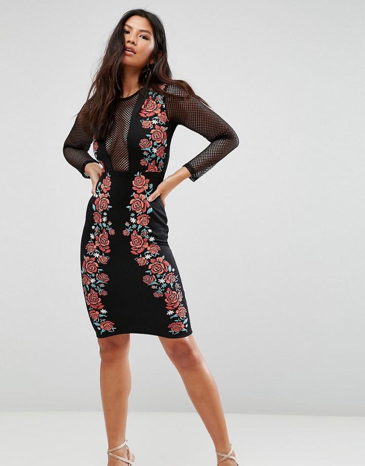 Club L Mesh Bodycon Floral Dress - Black