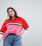 Asos Curve Sweater With Crew Neck In Color Block Stripe - Pink