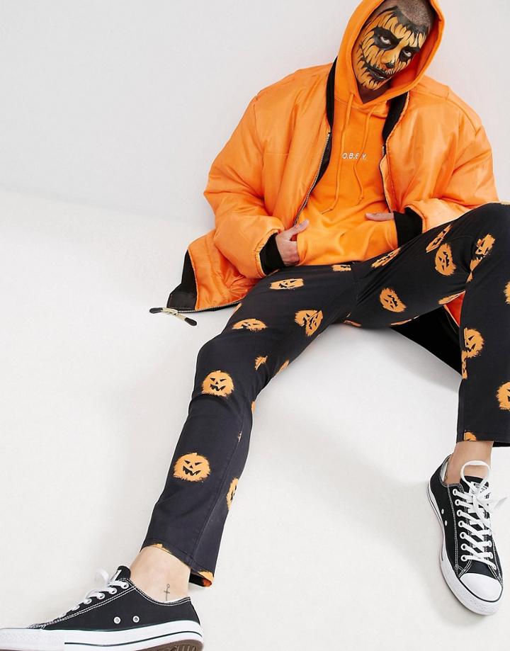 Asos Halloween Skinny Pants With Pumpkin Print - Black