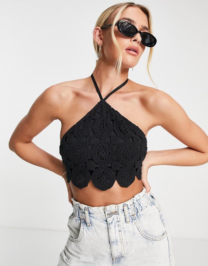 Asos Design Crochet Halter Crop Top In Black