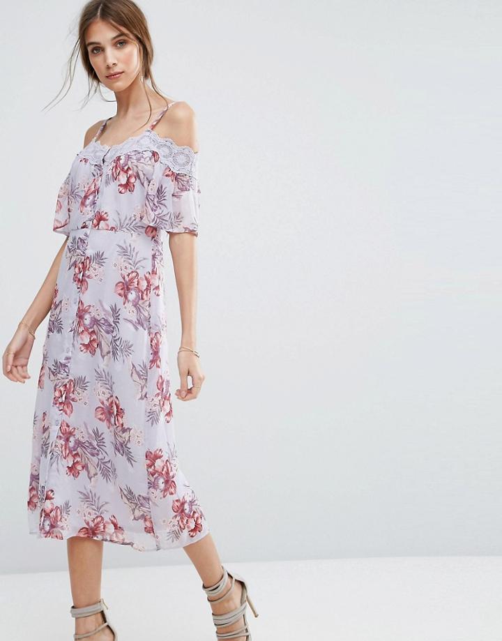 New Look Cold Shoulder Floral Lace Midi Dress - Purple
