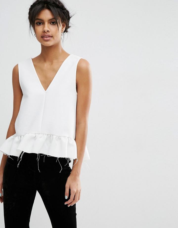 Asos Dip Hem Ruffle Tank With Raw Edge - Cream