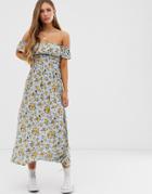Asos Design Off Shoulder Crinkle Maxi Dress In Ditsy Floral Print - Multi