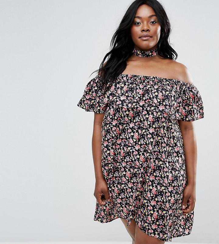 Nvme Plus Bardot Dress With Frill Overlay And Choker - Multi