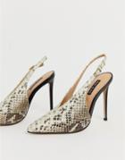 River Island Leather Slingback Heeled Shoes In Snake Print-gray