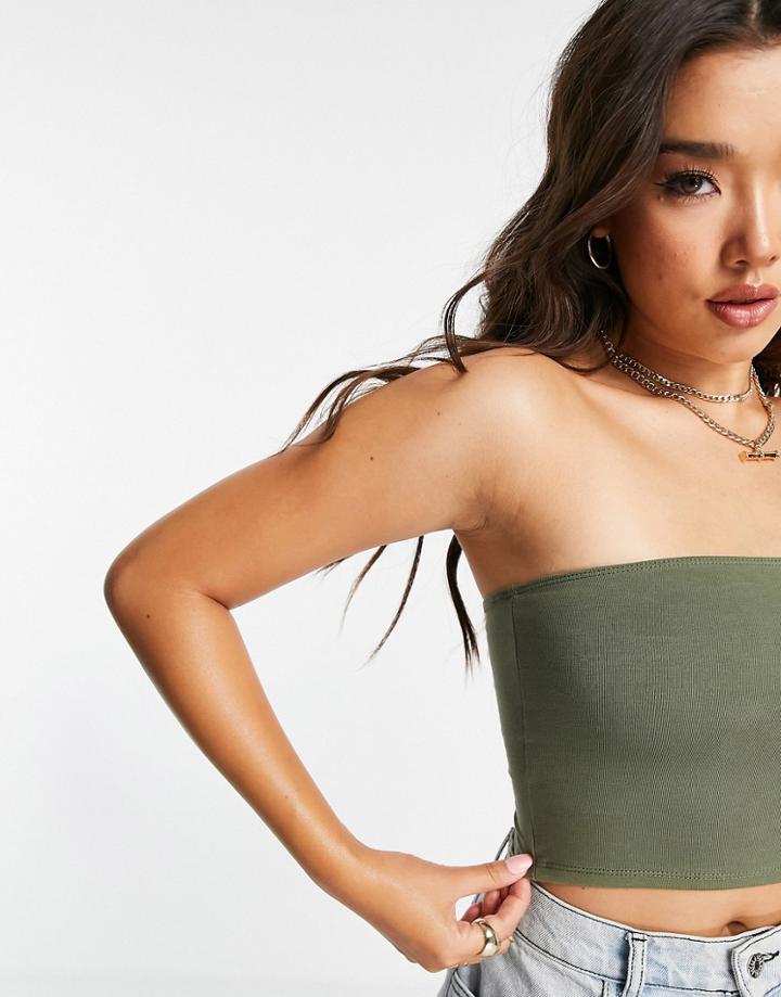 Asos Design Ultimate Bandeau Crop Top In Organic Cotton In Khaki-green
