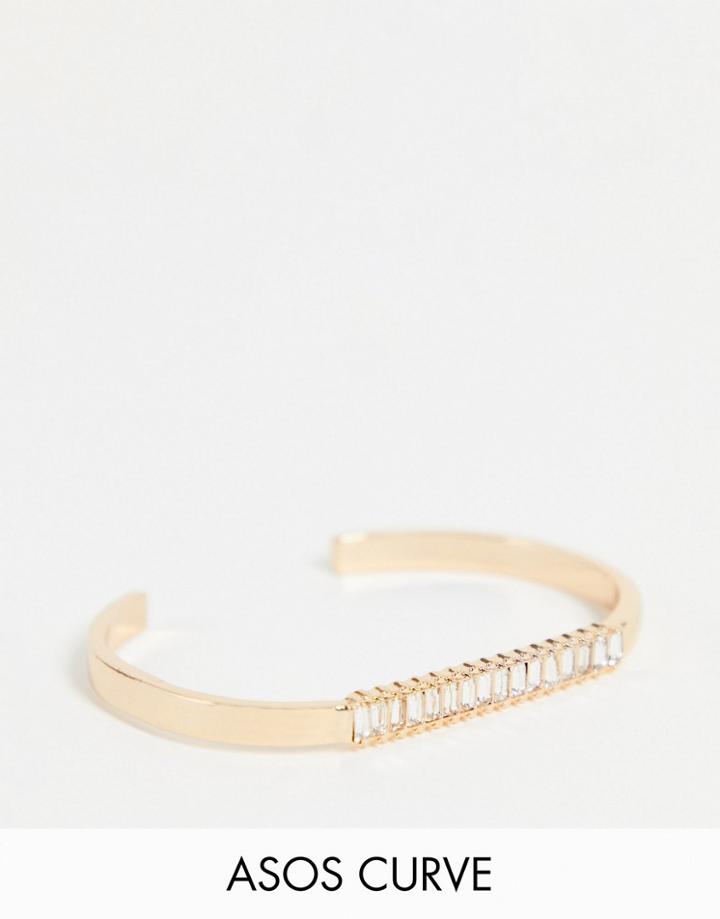 Asos Design Curve Cuff Bracelet With Baguette Crystal In Gold Tone
