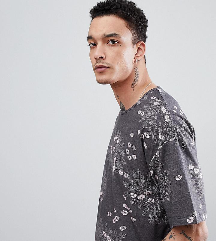 Heart & Dagger Printed T-shirt In Floral Print - Gray