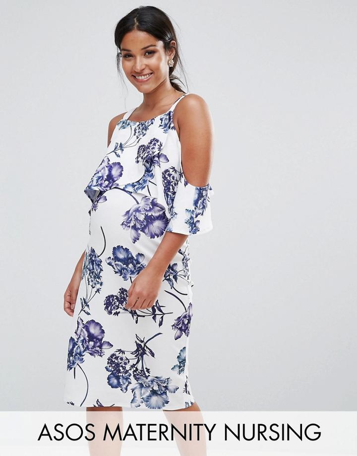 Asos Maternity Nursing Textured Cold Shoulder Midi Porcelain Print Dress - White
