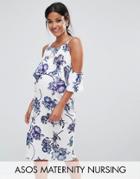 Asos Maternity Nursing Textured Cold Shoulder Midi Porcelain Print Dress - White
