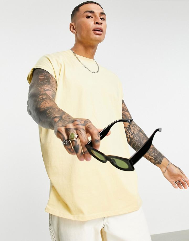 Asos Design Oversized Longline T-shirt With Roll Sleeve In Washed Yellow