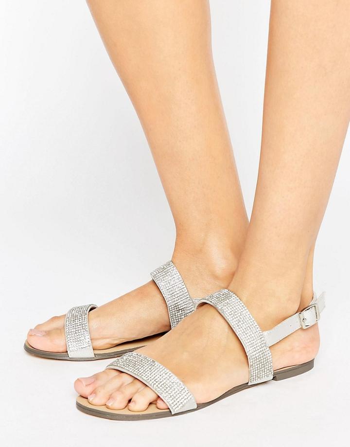 Little Mistress Two Strap Rhinestone Flat Sandal - Silver