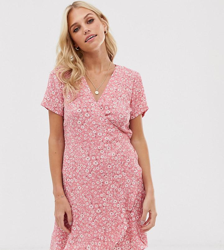 Stradivarius Floral Print Wrap Mini Dress In Pink - Orange