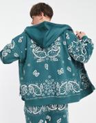 Mennace Zip Through Hoodie In Forest Green Paisley - Part Of A Set