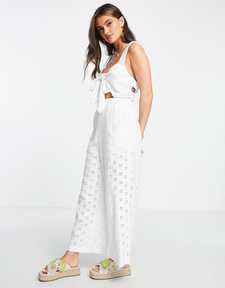 Asos Design Jersey Eyelet Elasticated Back Jumpsuit In White