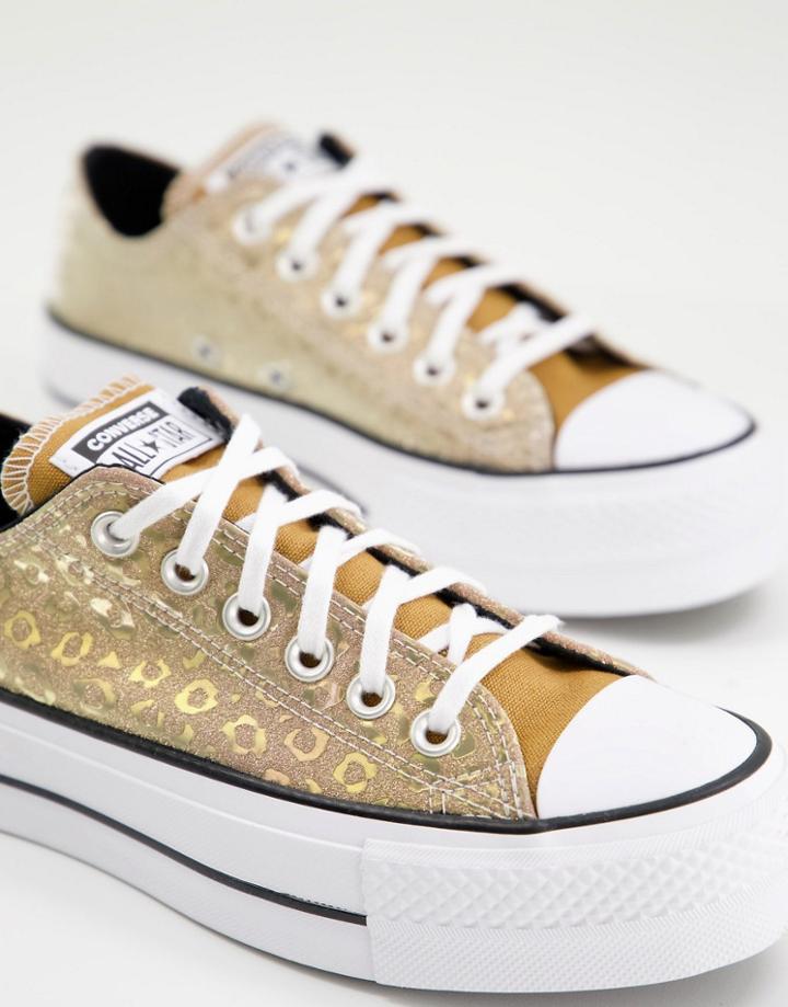 Converse Chuck Taylor All Star Ox Lift Glitter Leopard Platform Sneakers In Saturn Gold