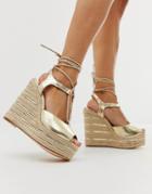 River Island Heeled Wedge Shoes With Ankle Ties In Gold