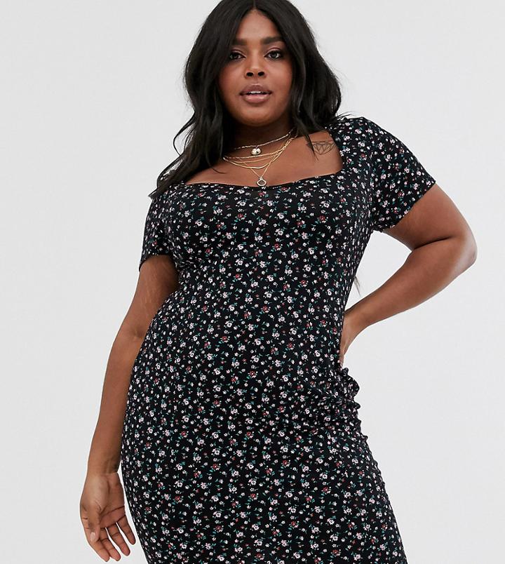 Daisy Street Plus Mini Dress With Scoop Neck In Vintage Ditsy Floral Print-black