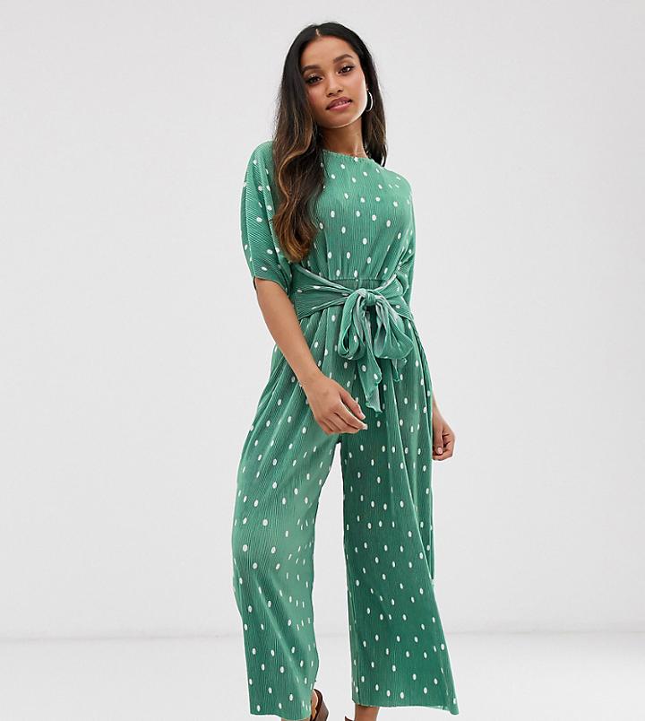 Asos Design Petite Plisse Tie Front Jumpsuit In Polka Dot-multi