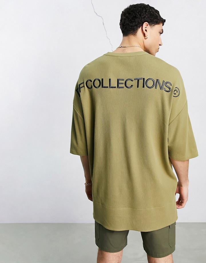 Asos Dark Future Extreme Oversized T-shirt In Waffle Fabric With Logo Prints In Khaki-green