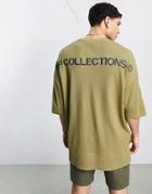 Asos Dark Future Extreme Oversized T-shirt In Waffle Fabric With Logo Prints In Khaki-green
