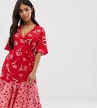 Boohoo Petite Exclusive Wrap Midi Dress In Red And Pink Mixed Floral - Multi