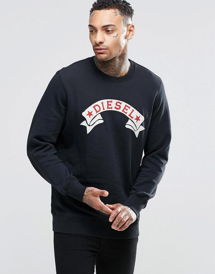 Diesel S-joe-ga Crew Sweatshirt Scroll Logo Applique - Black