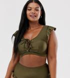 Peek & Beau Curve Exclusive Flutter Sleeve Crop Bikini Top With Lace Up In Dark Olive - Green