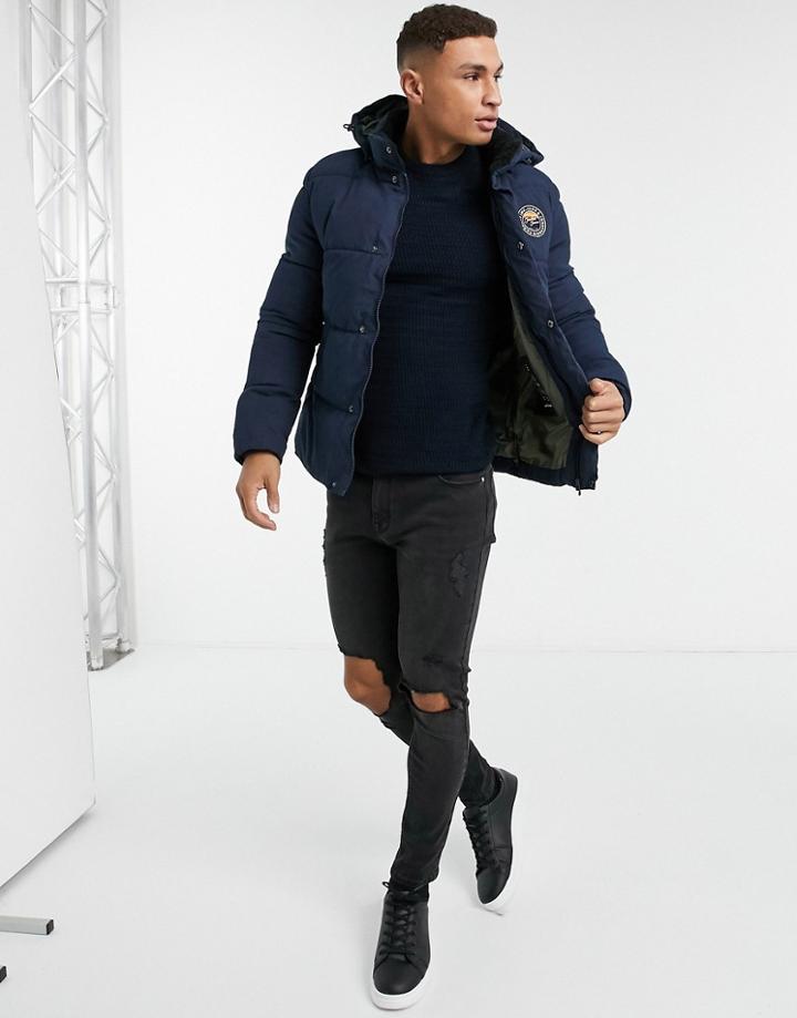 Jack & Jones Puffer Jacket With Faux Fur Hood In Navy