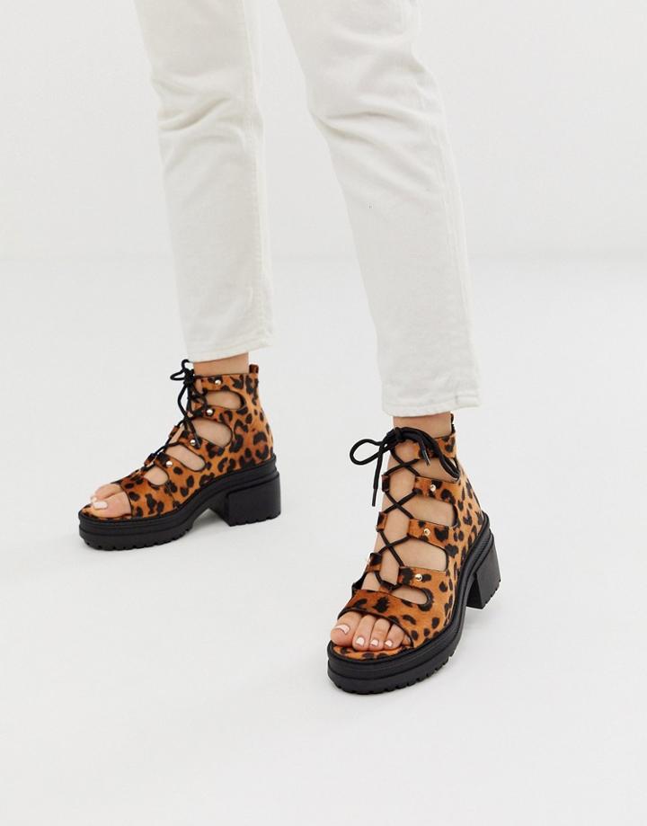 Asos Design Sergio Lace Up Mid Heels In Leopard-multi