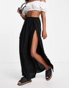Trendyol Maxi Skirt With Fringe Slit In Black